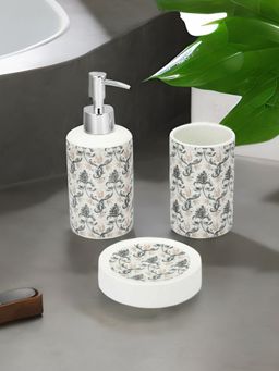 At Home by Nilkamal - Damask Ceramic Bath Accessory Set Of 3 Tumbler And Soap Dish -Brown