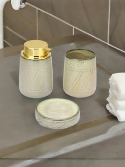 At Home by Nilkamal - Concrete Bath Accessory Set Of 3 Tumbler And Soap Dish -Brown & Gold