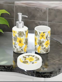 At Home by Nilkamal - Floral Ceramic Bath Accessory Set Of 3 Tumbler And Soap Dish -Mustard