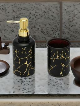 At Home by Nilkamal - Marble Bath Accessory Set Of 2 - Soap Dispenser- Tumbler - Black