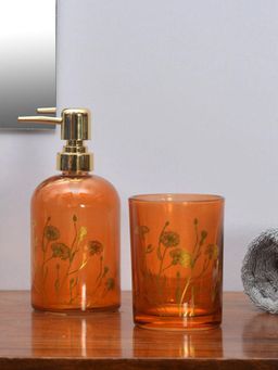 At Home by Nilkamal - Floral Glass Bathroom Accessories Set|Set of 1|Size - 10 cm x 17 cm|Orange