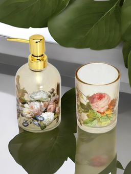 At Home by Nilkamal - Floral Bath Accessory Set Of 2 - Soap Dispenser And Tumbler - Peach