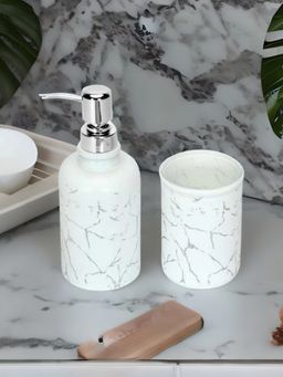 At Home by Nilkamal - Marble Bath Accessory Set Of 2 - Soap Dispenser- Tumbler - White