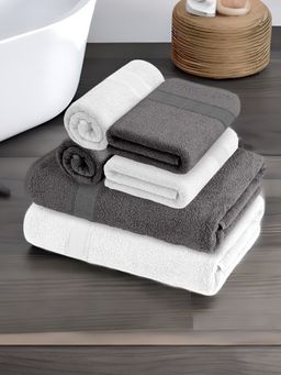 At Home by Nilkamal - Aquacado Towel Set Of 6 - Bath Towel - 2 Pc & Hand Towel - 4 Pc -White & Grey