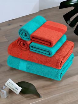 At Home by Nilkamal - Aquacado Towel Set Of 6-Bath Towel-2 Pc & Hand Towel-4 Pc -Turquoise Blue & Rust