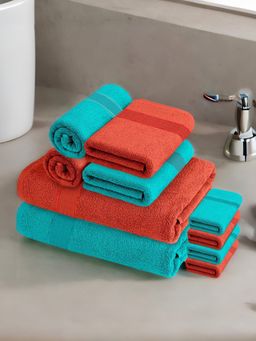 At Home by Nilkamal - Set of 10-Bath Towel-2 Pc- Hand Towel-4 Pc & Face Towel-4 Pc -Turquoise & Rust