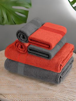 At Home by Nilkamal - Aquacado Towel Set Of 6-Bath Towel-2 Pc & Hand Towel-4 Pc -Charcoal Grey & Rust