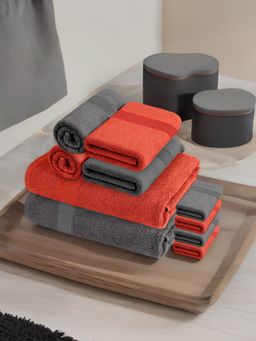 At Home by Nilkamal - Set of 10-Bath Towel-2 Pc- Hand Towel-4 Pc & Face Towel-4 Pc-Grey & Rust