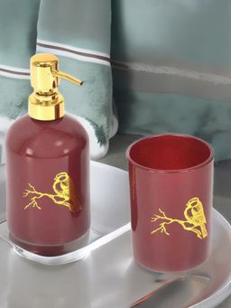 At Home by Nilkamal - Bird Glass Bathroom Accessories Set|Set of 1|Size - 10 cm x 17 cm|Maroon