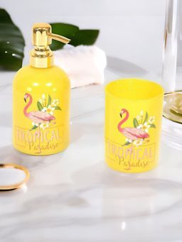 At Home by Nilkamal - Flamingo Bath Set Of 2 - Soap Dispenser And Tumbler - Mustard