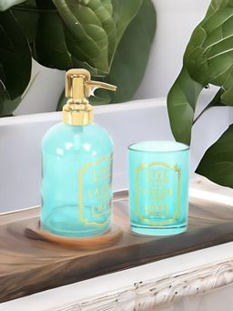 At Home by Nilkamal - LLL Glass Bathroom Accessories Set|Set of 1|Size - 10 cm x 17 cm|Sea Green & Gold