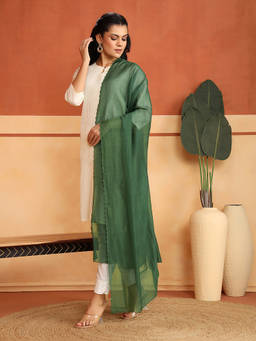 Fabindia - Green Cotton Silk Solid Embroidered Cut Border Dupatta