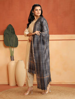 Fabindia - Grey Silk Checks Hand Woven Dupatta