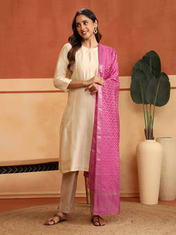 Fabindia - Pink Cotton Silk Blend Zari Woven Banarsi Dupatta