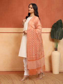 Fabindia - Orange Cotton Silk Hand Block Printed Dupatta
