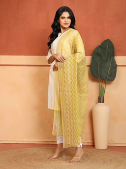 Fabindia - Yellow Cotton Silk Hand Block Printed Dupatta