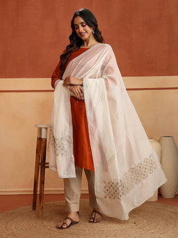 Fabindia - Off White Cotton Silk Zari Embroidered Dupatta