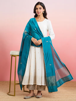 Fabindia - Blue Cotton Silk Blend Metallic Floral Embroidered Dupatta