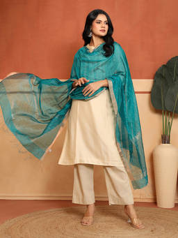 Fabindia - Turquoise Viscose Silk Blend Sequined Woven Dupatta