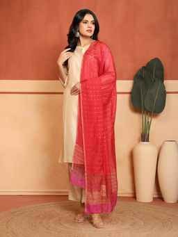 Fabindia - Red Viscose Silk Blend Sequined Woven Dupatta