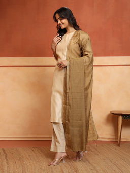 Fabindia - Beige Cotton Silk Blend Sequined Hand Woven Dupatta