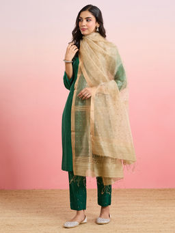 Fabindia - Beige Silk Blend Hand Woven Embellished Dupatta