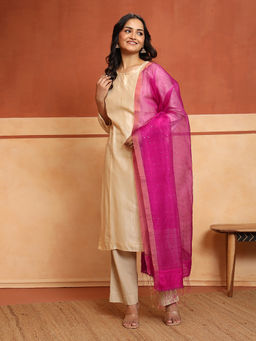 Fabindia - Fuchsia Pink Silk Blend Sequined Hand Woven Dupatta