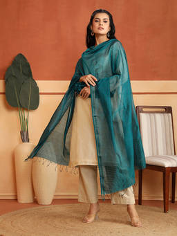Fabindia - Teal Cotton Silk Blend Maheshwari Woven Dupatta
