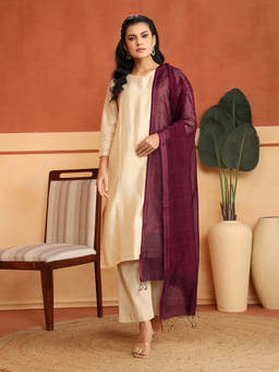 Fabindia - Wine Cotton Silk Blend Woven Maheshwari Dupatta
