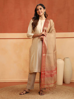 Fabindia - Beige Cotton Silk Blend Woven Maheshwari Dupatta