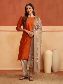 Fabindia - Beige Cotton Silk Blend Woven Maheshwari Dupatta