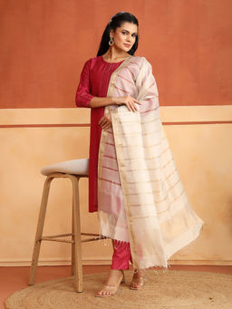 Fabindia - Off White Cotton Silk Blend Stripes Woven Maheshwari Dupatta