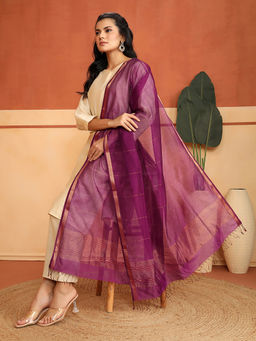 Fabindia - Wine Cotton Silk Blend Stripes Woven Maheshwari Dupatta