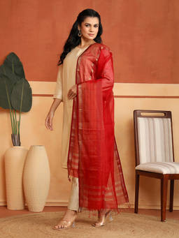 Fabindia - Red Cotton Silk Blend Woven Maheshwari Dupatta