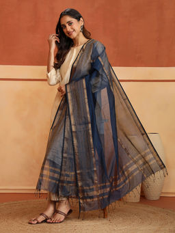 Fabindia - Navy Blue Cotton Silk Blend Woven Maheshwari Dupatta