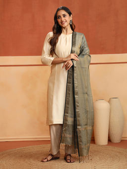 Fabindia - Grey Cotton Silk Blend Woven Maheshwari Dupatta