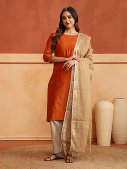 Fabindia - Gold Cotton Silk Blend Woven Maheshwari Dupatta