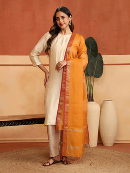 Fabindia - Orange Cotton Silk Blend Woven Maheshwari Dupatta