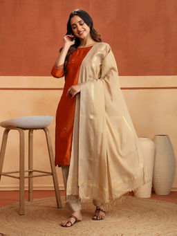 Fabindia - Beige Cotton Blend Woven Maheshwari Dupatta