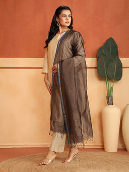 Fabindia - Coffee Brown Cotton Silk Blend Woven Maheshwari Dupatta