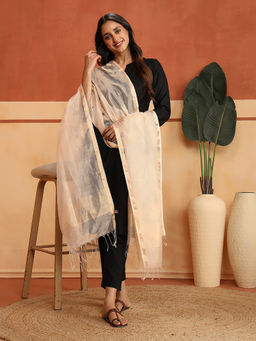 Fabindia - Off White-Gold Cotton Silk Blend Woven Maheshwari Dupatta