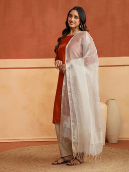 Fabindia - Off White-Silver Cotton Silk Blend Woven Maheshwari Dupatta