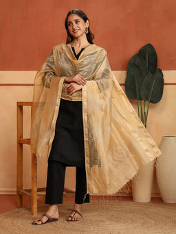 Fabindia - Gold Cotton Silk Blend Stripes Woven Maheshwari Dupatta