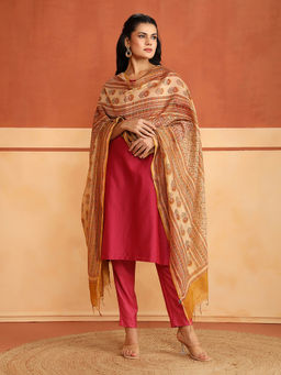 Fabindia - Beige Cotton Silk Blend Floral Printed Dupatta