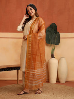 Fabindia - Rust Cotton Silk Blend Checks Woven Maheshwari Dupatta