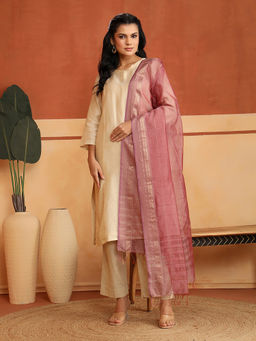 Fabindia - Dusty Pink Cotton Silk Blend Woven Maheshwari Dupatta