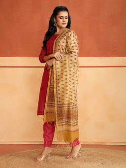 Fabindia - Beige Cotton Silk Blend Hand Floral Block Printed Dupatta