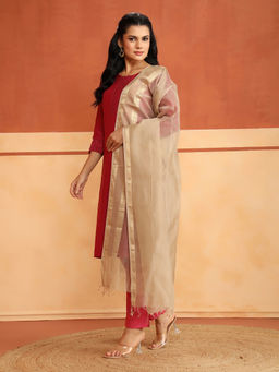 Fabindia - Beige Cotton Silk Blend Stripes Woven Dupatta