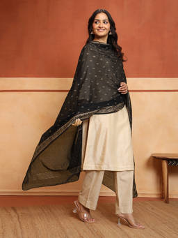 Fabindia - Black Cotton Floral Hand Block Printed Dupatta