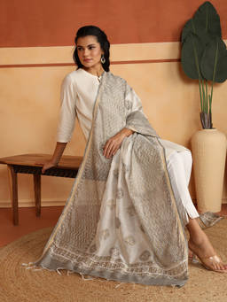 Fabindia - Off White-Beige Cotton Silk Blend Floral Hand Block Printed Dupatta